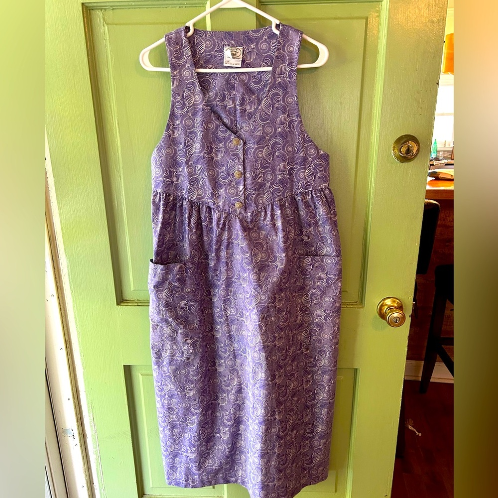 Vintage Women's Laura Ashley lavender shell print  Cotton Apron Dress Size 12